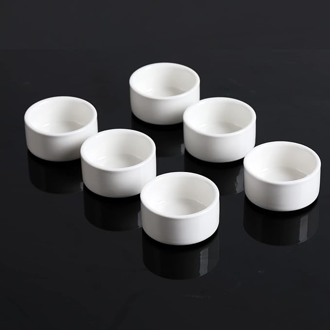1 oz Mini Porcelain Ramekins Set of 6, Small Ceramics Souffle Dish, Exactly Designed for Dipping Sauce, Ketchup, Salsa and Jams, 30ml White