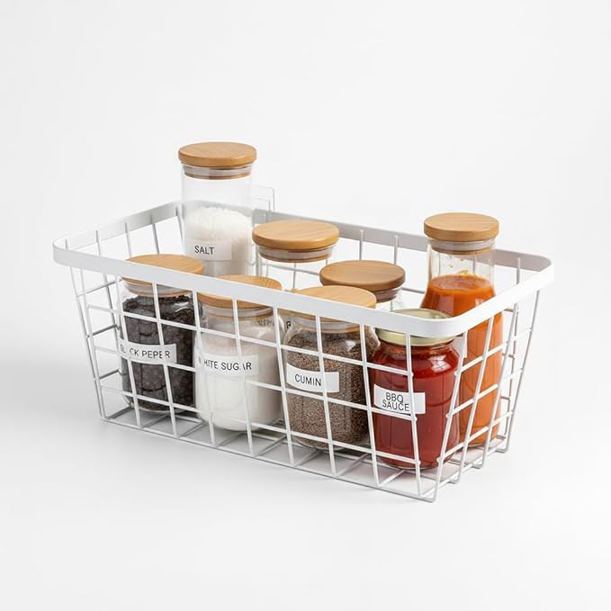 LeleCAT White Hanging Kitchen Baskets For Storage Adhesive Sturdy Small Wire Storage Baskets No Drilling Wall Mounted Kitchen Food Pantry Bathroom Shelf Storage, 4 PACK,White