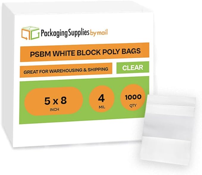 PSBM 1000 Count 4 Mil 5 Inch x 8 Inch, White Block Reclosable Poly Bags, With Write-On Block, Clear Zip Plastic Bag, Lock Seal Zipper For Packing, Storing, Organizing & Shipping Products