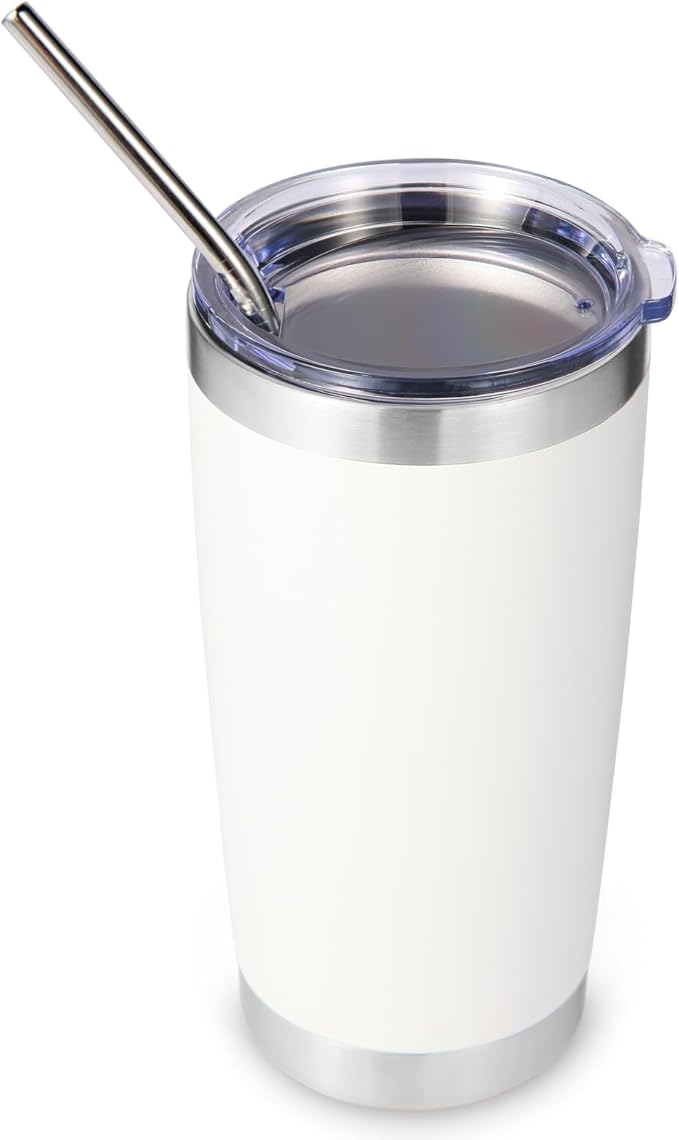 Volhoply 20oz Stainless Steel Tumbler with Lid and Straw,Double Wall Insulated Travel Iced Coffee Mug Fits Car Cup Holder,Powder Coated Cups for Hot and Cold Drinks,Gifts for Women Men（White,1 Set）