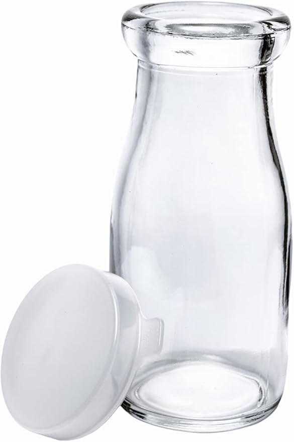 The Dairy Shoppe Glass Milk Bottle, Heavy Glass with Extra Lids, Creamery Style (2, Half Pint Decanter)