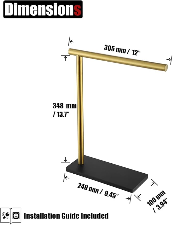 JQK Hand Towel Holder Stand Brushed Gold, Modern Tree Rack Free Standing for Countertop with 12 Inch Bar, 304 Stainless Steel Thicken 0.8mm, HTT170-BG