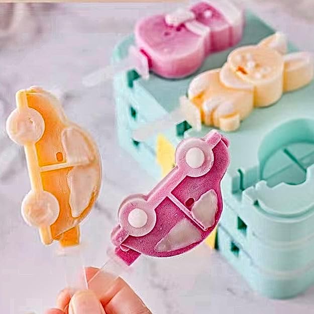 4 PCS Cute Silicone Ice Cube Mold Set For Toddlers and Kids, BPA-Free Food Grade Ice Tray, Homemade Frozen Popsicle Maker Mold (4 PCS（fruit*1+dinosaur*1+airplane*1+car*1))