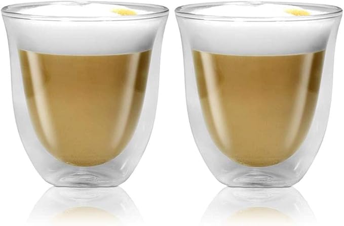 De'Longhi Fancy Collection Double Walled Thermo Espresso, Cappuccino and Latte Macchiato Glasses (Set of 6) and De'Longhi DLSC060 Stainless Steel Milk Frothing Jug