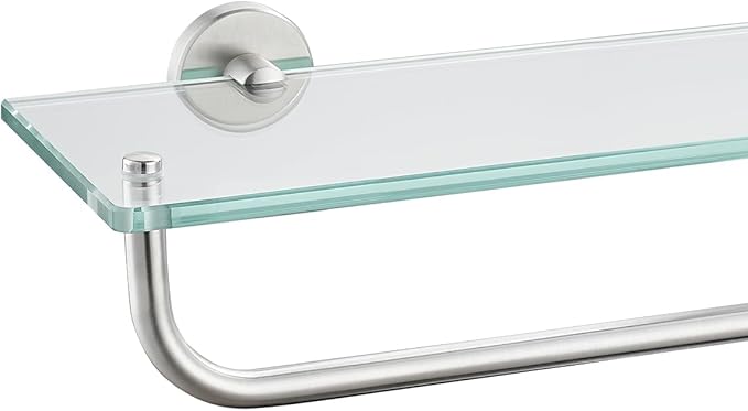 JQK Bathroom Glass Shelf, Shelf with 29 Inch Towel Bar Tempered Glass Shower Storage 30 by 5 inches, 304 Stainless Steel Brushed Finish Wall Mount, TGS100L30-BN