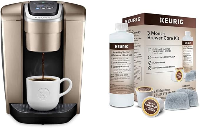 Keurig K-Elite Coffee Maker, Single Serve K-Cup Pod Coffee Brewer, Brushed Gold & 3-Month Brewer Maintenance Kit Includes Descaling Solution, Water Filter Cartridges & Rinse Pods, 7 Count