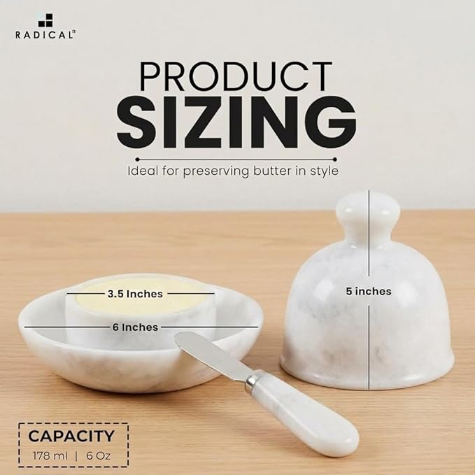 Radicaln Marble Butter Dish With Lid 6" Inches White Handmade Butter Storage Container, Ideal Butter Dish and Butter Crock For Counter With Water
