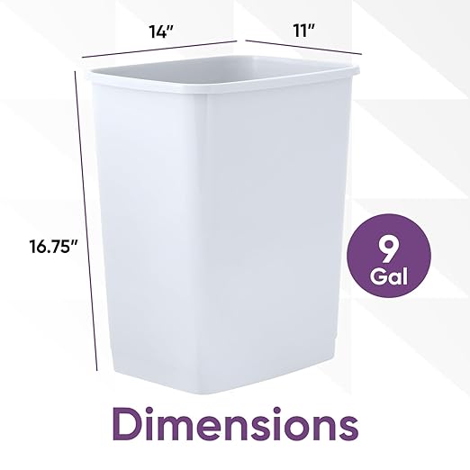 Superio Kitchen Trash Can 9 Gallon Slim Unlidded Waste Bin Only 37 Qt Durable Plastic, Fit Small Spaces, Office, Bathroom, Under Counter (White)