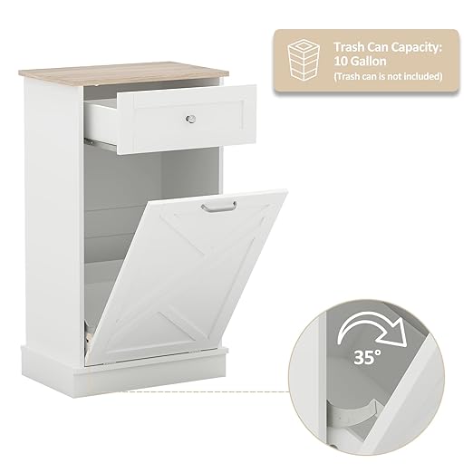 Tilt Out Trash Cabinet-Free Standing Kitchen Waste Bin-Wooden Recycling Trash Cabinet with Drawer-White