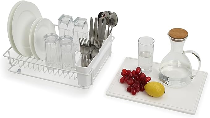 SunnyPoint 304 Stainless Steel Dish Drying Rack with Diatomaceous Earth Drainboard & Removable Utensil Caddy – Rust Resistant Countertop Dish Rack for Kitchen (White)