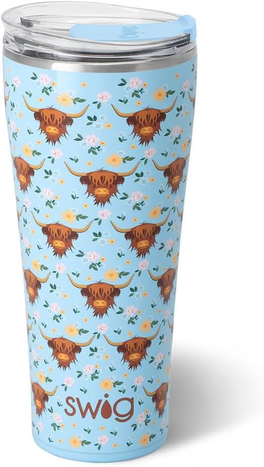 Swig Life 32oz Insulated Tumbler, Travel Coffee Tumbler with Lid, Cup Holder Friendly Travel Coffee Mug, Stainless Steel, 32 oz, Reusable Insulated Mug with Lid (Holy Cow)