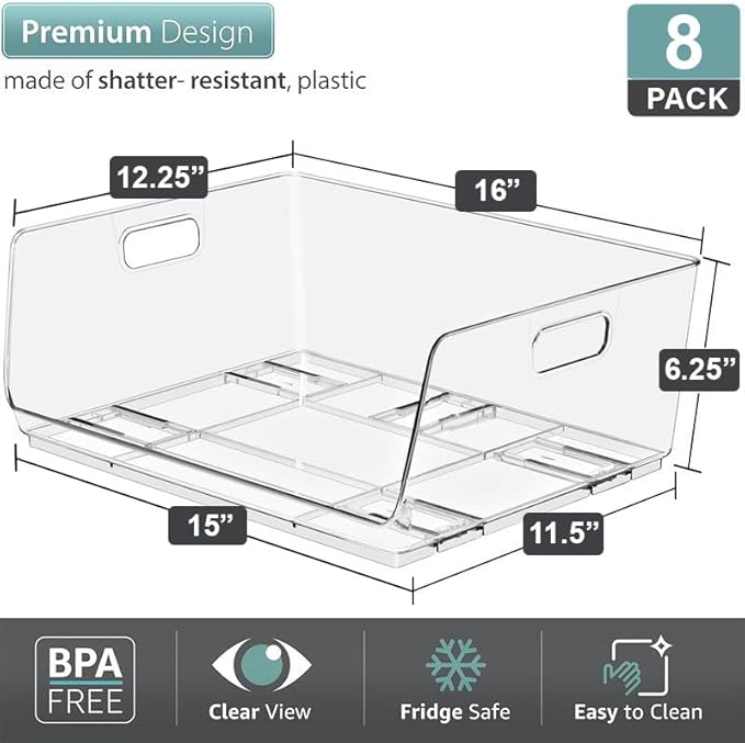 Sorbus Stackable Storage Bins Open Front, Clear Stackable Storage Bins, Pantry Bins for Storage and Organization, Acrylic Stackable Bins for Kitchen, Clear Pantry Organizer Bins (Large 8 Pack)