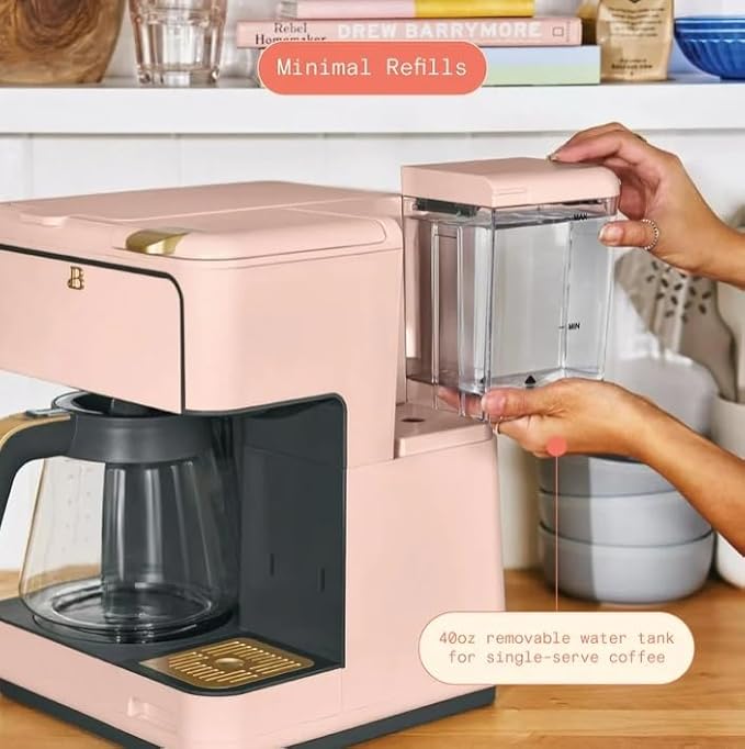 Beauti Multi Brew 12 Cup Programmable Drip & Single Serve Coffee Maker, Versatile Brewing (6oz, 8oz, 10oz, 12oz, 14oz), Pods or Ground, Over Ice option, Keep Warm mode (Rose)