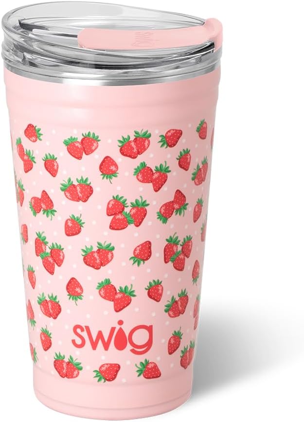 Swig Life 24oz Party Cup, Stackable Insulated Travel Coffee Tumbler with EZ Slider Lid, Cup Holder Friendly Travel, Stainless Steel 24 oz Tumbler, Reusable Mug (Strawberry Shortcake)