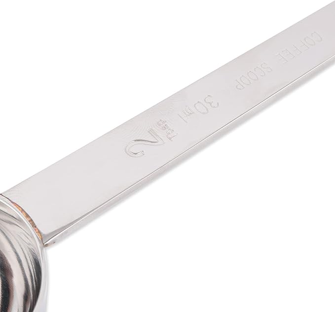 RSVP International Coffee Measuring Spoon, Long Handled Stainless Steel Scoop Multi-purpose for Baking, Ground Coffee, Beans or Loose Leaf Tea, Double, 1-Tbsp/2-Tbsp