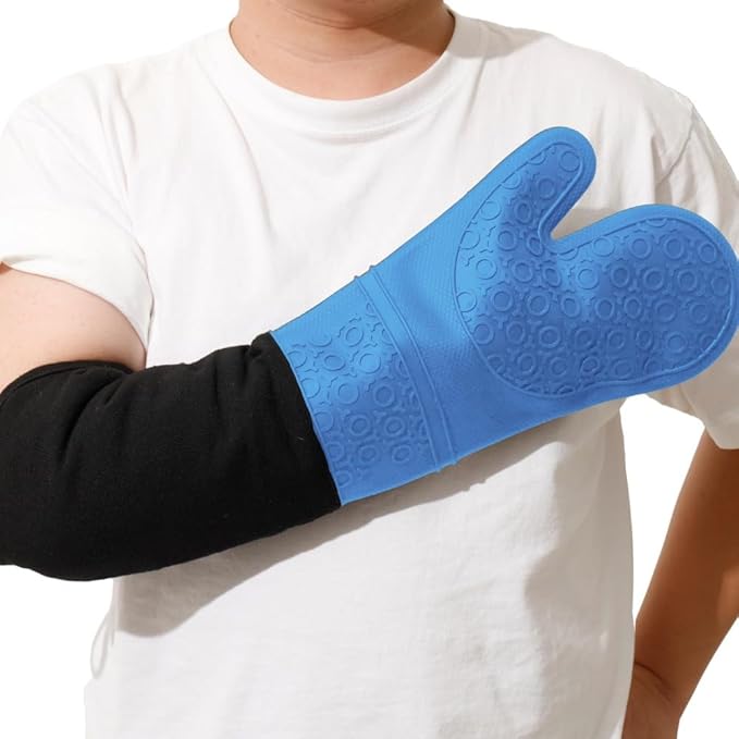 Extra Long High Temp Oven Mitts - 2pcs Commercial, Heavy Duty Non-Slip Grip Mitts - Silicone Heat Resistant Up to 500 Degrees, Ideal for Cooking, Baking & Frying, Blue