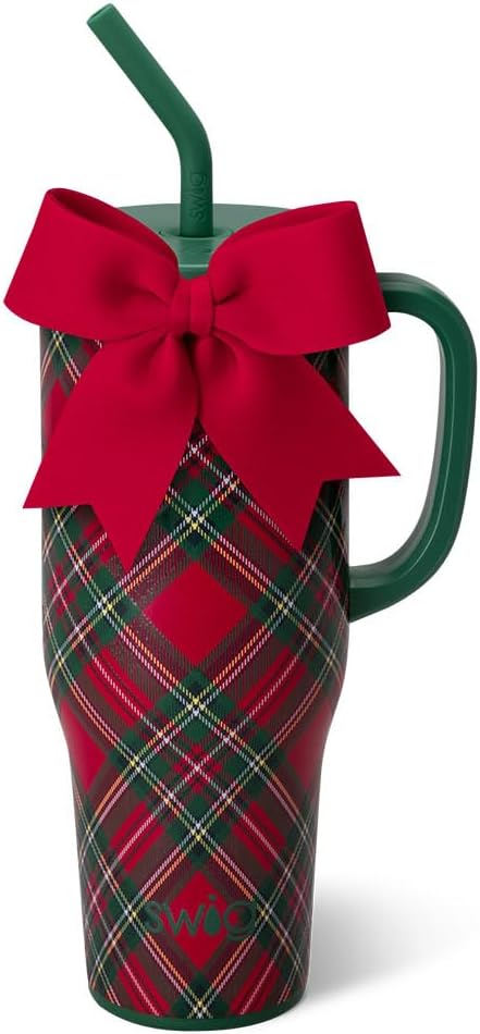Swig Life 40oz Mega Mug, 40oz Tumbler with Handle and Straw, Extra Large Insulated Tumblers, Cup Holder Friendly Travel Mug (Christmas Plaid)