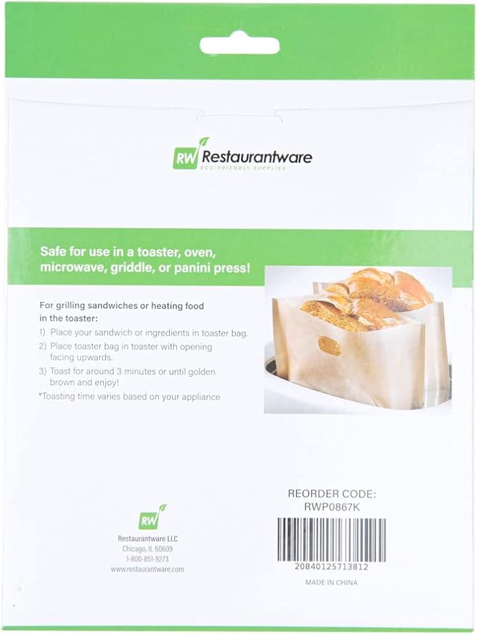 Restaurantware Bag Tek 6.5 x 6.3 Inch Toaster Bags 10 Small Toaster Sandwich Bags - Multipurpose Non-Stick Kraft Plastic Toaster Sleeves Semi-Disposable