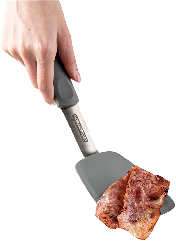 Restaurantware Comfy Grip Silicone Turner 1 Durable Cooking Turner - Stainless Steel Body Rubber Handle With Hole Gray Silicone Flipper Spatula Tolerates Up To 446F Dishwashable