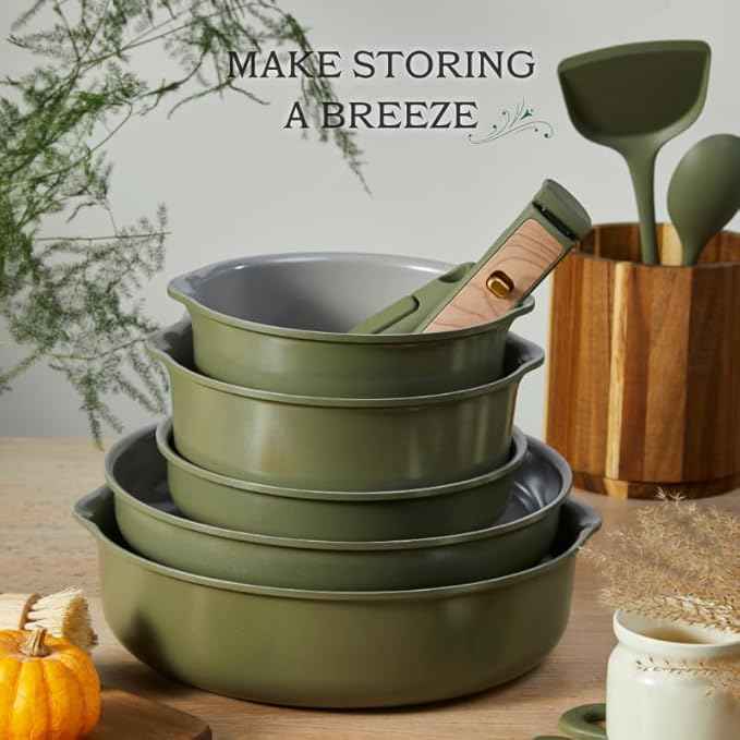 CAROTE 18 Pcs Ceramic Cookware Set Detachable Handle, Non Toxic Pots and Pans Set Non Stick, Induction Kitchen Cookware Removable Handles, Oven Safe, Stackable RV/Camping Cooking Set, Green