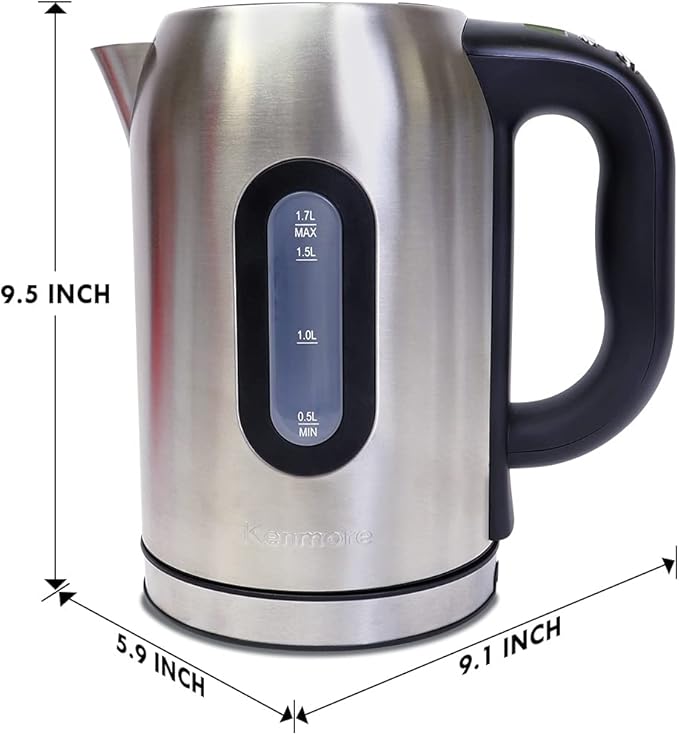 Kenmore Digital Cordless Kettle, 1.7 L / 1.8 Quarts Capacity, Stainless Steel Electric Kettle with Digital Temperature Control, Concealed Heating Element, and Keep Warm Mode