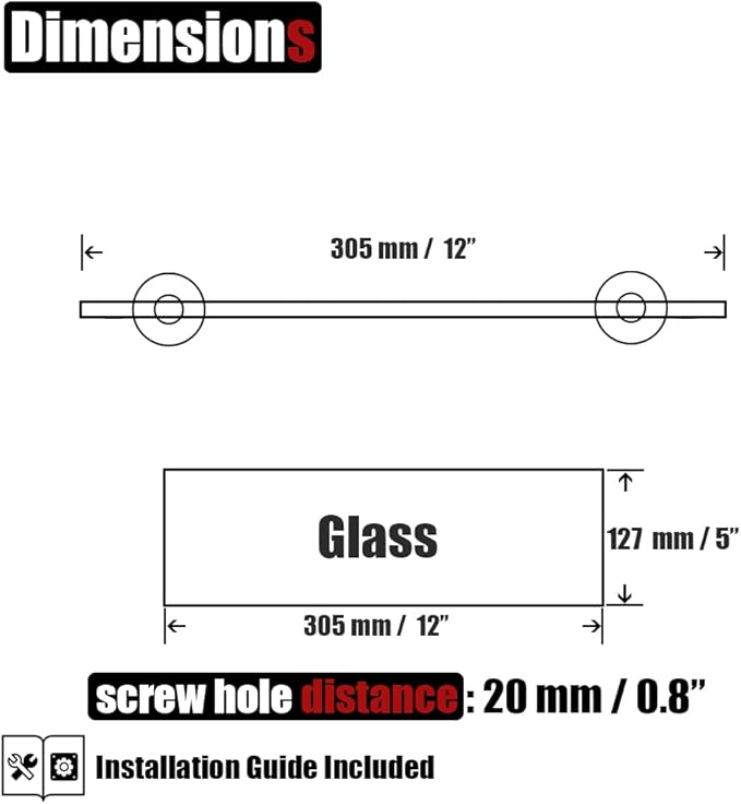 JQK Bathroom Glass Shelf Black, Tempered Glass Shower Storage 12 by 5 inches, 304 Stainless Steel Matte Black Wall Mount, TGS101L12-PB