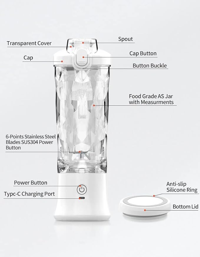 Portable Blender, Personal Blender for Shakes and Smoothies USB Rechargeable, Mini Juicer Cup with 6 Blades and Lid, Self Cleaning 23oz Single Serve Blenders for Travel, Home, Office, Camping