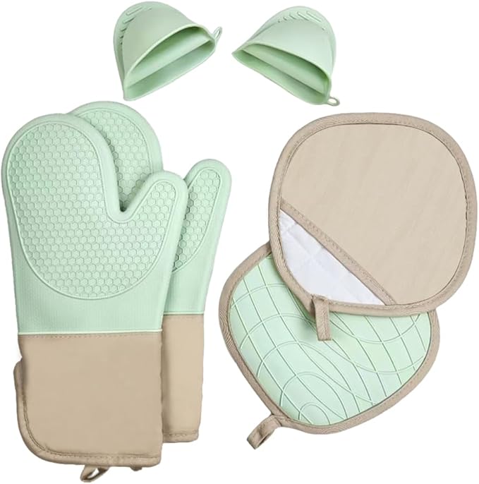 6-Piece Silicone Oven Mitts Set, Heat Resistant Kitchen Gloves with Soft Cotton Lining, Pot Holders & Mini Mitts for Cooking, Baking, BBQ – Light Green