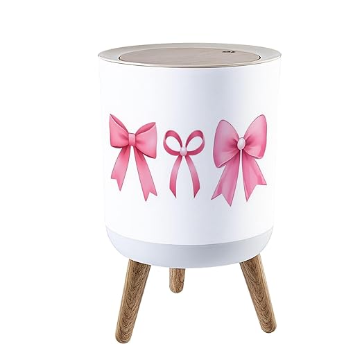 Trash Can with Lid Pink bow coquette y2k aesthetic ribbon elegant accessory pastel tie Press Top Round Small Garbage Bin with Wooden Legs Waste Basket for Kitchen Bedroom Nursery 7L/1.8 Gallon