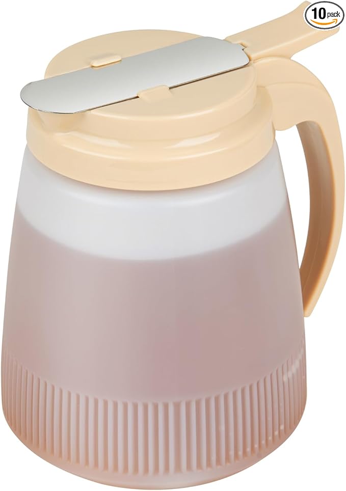 Restaurantware-Chef 101 32 Ounce All Purpose Syrup Dispensers, 10 Honey Dispensers - Beige Top, Stainless Steel Slide Cover, Plastic Pancake Syrup Bottle, Perfect For Diners, Restaurants, Home