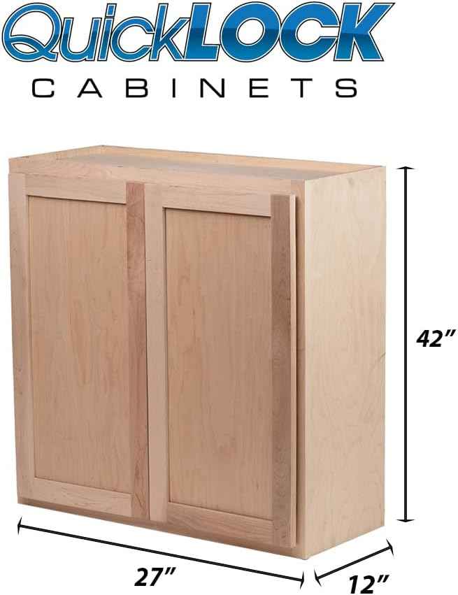 Quicklock RTA (Ready-to-Assemble) 42" Tall Wall Kitchen Cabinets - Shaker Style | 100% Hardwood | Made in America | Soft Close Hardware (12" D x 27" W x 42" H, Raw Maple)