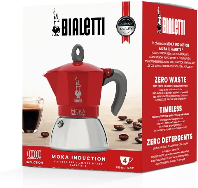 Bialetti - Moka Induction, Moka Pot, Suitable for all Types of Hobs, 4 Cups Espresso (5.7 Oz), Red