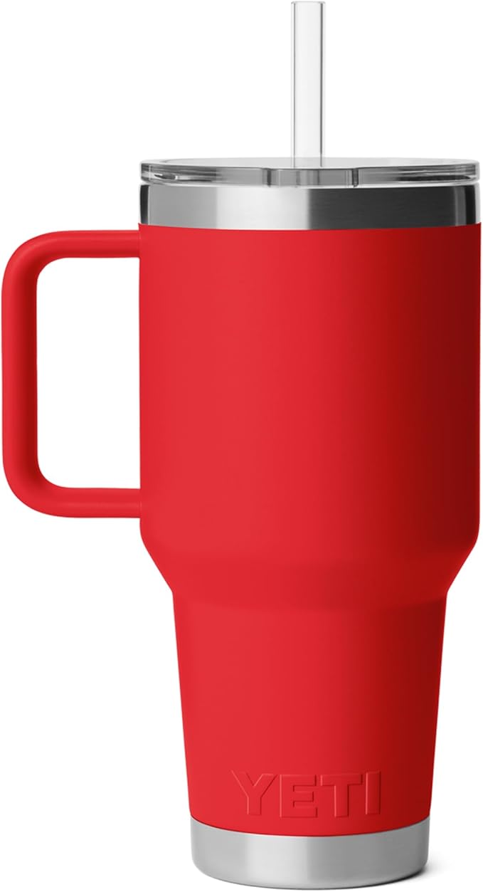YETI Rambler 35 oz Straw Mug 2.0 - Double-Wall Vacuum Insulation for Cold Beverages – Dishwasher Safe – Cupholder Compatible – Reusable Straw – Comfortable Grip Handle – Travel Mug - Rescue Red