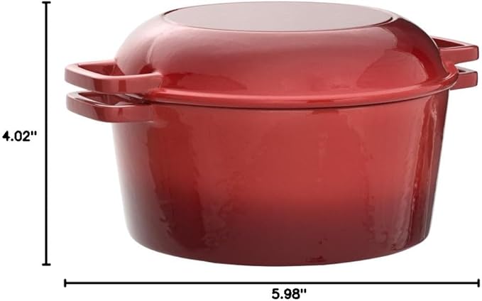 Bruntmor 2-in-1 Pre-Seasoned Cast Iron Dutch Oven with Skillet Lid - 5 Qt Round Cast Iron Pot for Bread, Casserole, Braising - Heavy Duty Enamel Cookware Set, Double Dutch Oven - 13.5 x 7-Inch, Black