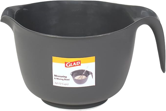 Glad Mixing Bowl with Handle – 3 Quart | Heavy Duty Plastic with Pour Spout and Non-Slip Base | Dishwasher Safe Kitchen Supplies for Cooking and Baking, Grey