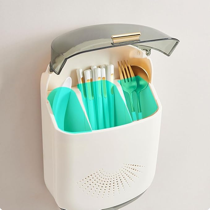 Wall Mounted Cutlery Holder - Kitchen Utensil Storage Box with Lid - Chopstick Container - Dustproof Spoon and Chopstick Organizer - Drain Racks