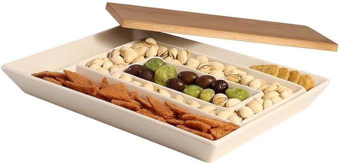 Gibson Elite 3-Section Stoneware Serving Tray with Acacia Lid – Taupe Rectangular Chip & Dip, Condiment, Snack and Appetizer Server for Parties & Entertaining