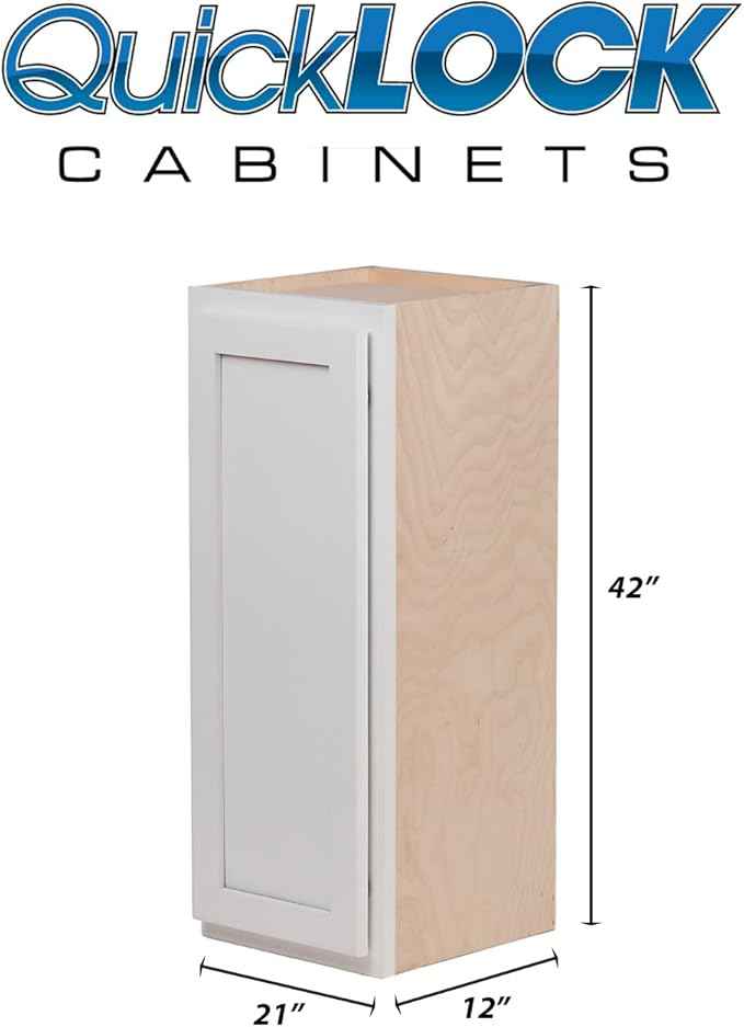 Quicklock RTA (Ready-to-Assemble) 42" Tall Wall Kitchen Cabinets - Shaker Style | 100% Hardwood | Made in America | Soft Close Hardware (Pure White, 12" D x 21" W x 42" H)
