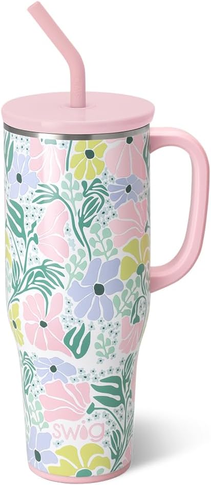 Swig Life 40oz Mega Mug, 40 oz Tumbler with Handle and Straw, Cup Holder Friendly, Dishwasher Safe, Extra Large Insulated Tumbler, Stainless Steel (Garden Party)