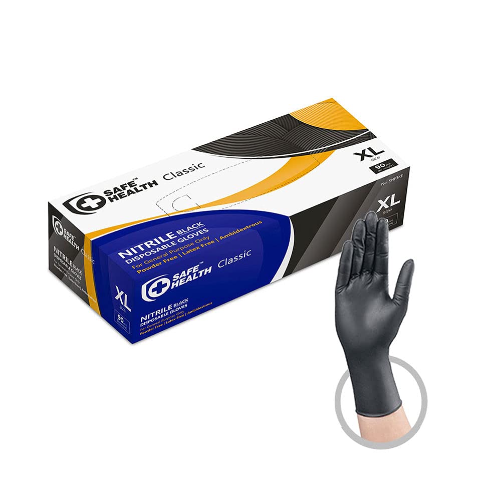SAFE HEALTH Nitrile Black Industrial Disposable Gloves-XL 3.5 Mil Box of 90 Powder Free-Latex Free Tattoo-Beauty Salon-Hair Nail Studio-Auto Repair-Car Maintenance-Household-Daily