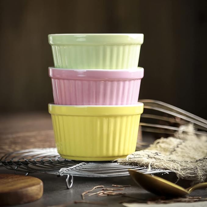 Ramekins 6oz Oven Safe,Creme Brulee Ramekin and Souffle Dishes,Porcelain Baking Bowls,Dipping Sauce Dish.Pudding Cups,Set of 6,Green.