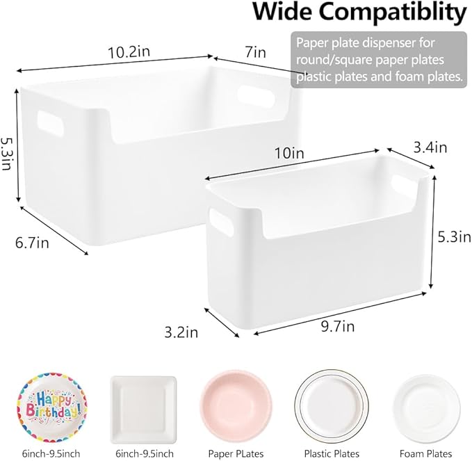 2Pcs Paper Plate Dispenser for 7-10 Inch Disposable Plates, Space-Saving Disposable Plate Storage Organizer for Cabinet, Countertop, RV or Outdoor, Space-Saving Plastic, Foam and Paper Plate Storage