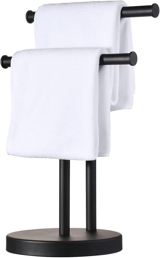 Black Hand Towel Holder Stand, Double Towel Rack T-Shape Hand Towel Stand for Bathroom Countertop, SUS304 Stainless Steel (Matte Black) SHUNLI