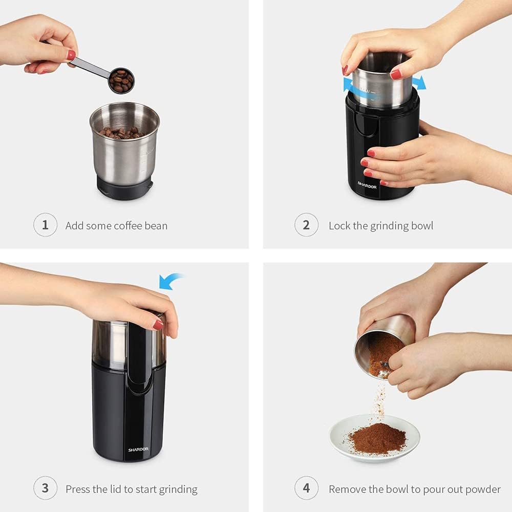 SHARDOR Coffee Grinder Electric, Coffee Bean Electric, Herb, Nut Grain Grinder with 1 Removable Stainless Steel Bowl, Black