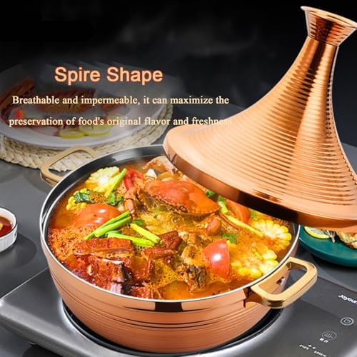Large Stainless Steel Moroccan Tagine Pot, Non-Stick Tajine Casserole with Cone Lid & 2 Handles, 30cm/11.8in, Elegant Gold Design for Authentic Moroccan Cooking