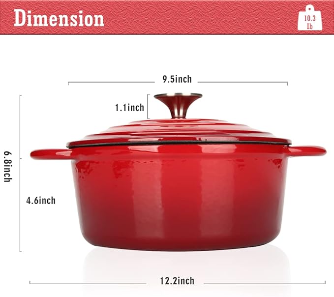 Enameled Cast Iron Dutch Oven, 4.5QT Heavy Duty Cooking Pot with Lid, Oven Safe up to 500° F for Sourdough Bread Baking, Braising, Stew, Family And Friends Best Gifts, Red