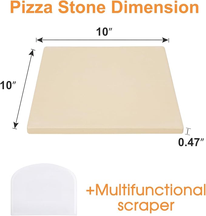 Small 10x10 Inch Cordierite Pizza Stone for RV Camper Oven & Grill, Square Baking Stone for Pizza, Bread, Pies, BBQ, Durable and Safe, with Plastic Scraper