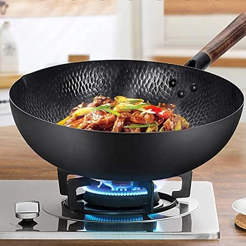 Chinese Carbon Steel Wok with Wooden Lid, Stir Fry Pan Flat Bottom Pan for Electric Stove, Induction Cooker and Gas Stove(12.5 Inch)