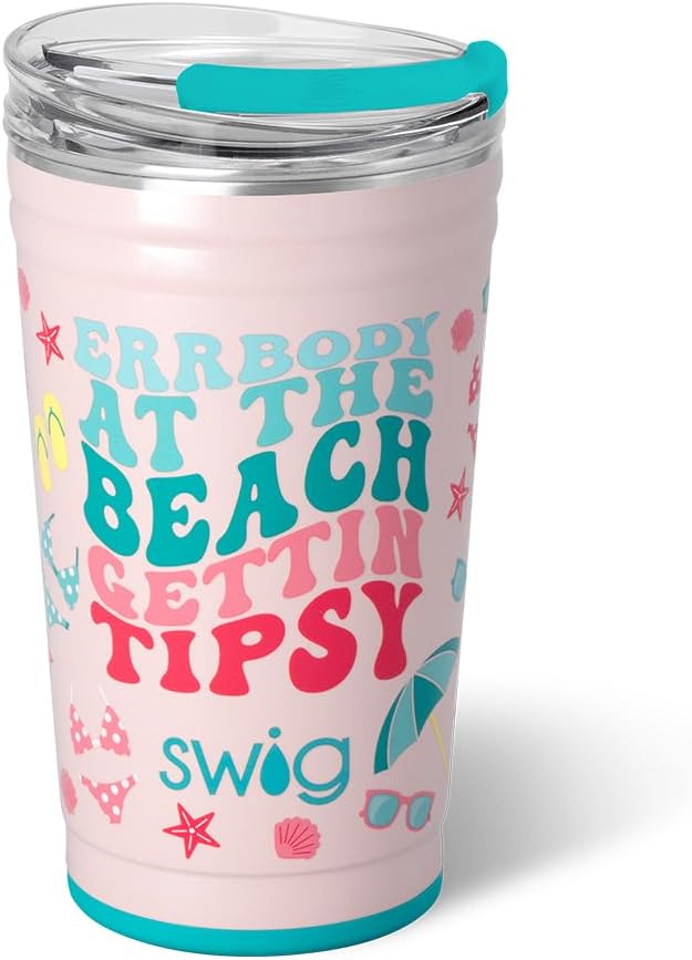 Swig Life 24oz Party Cup, Stackable Insulated Travel Coffee Tumbler with EZ Slider Lid, Cup Holder Friendly, Stainless Steel 24 oz Tumbler, Reusable Coffee Mug (Errbody Beach)