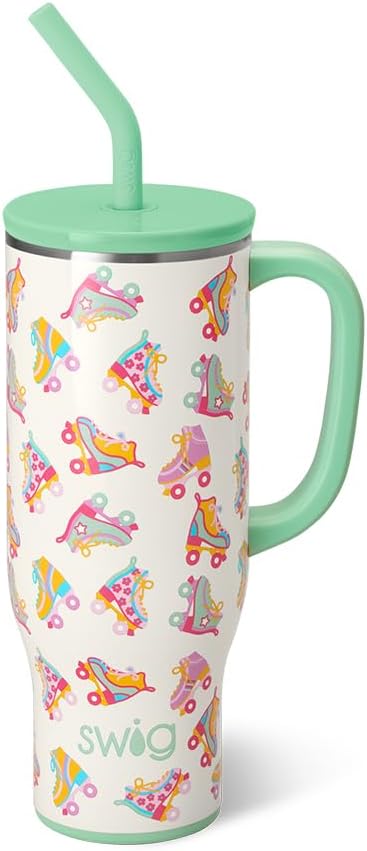 Swig Life 30oz Mega Mug, 30 oz Tumbler with Handle and Straw, Cup Holder Friendly, Dishwasher Safe, Extra Large Insulated Tumbler, Stainless Steel Water Bottle (Roller Rink)